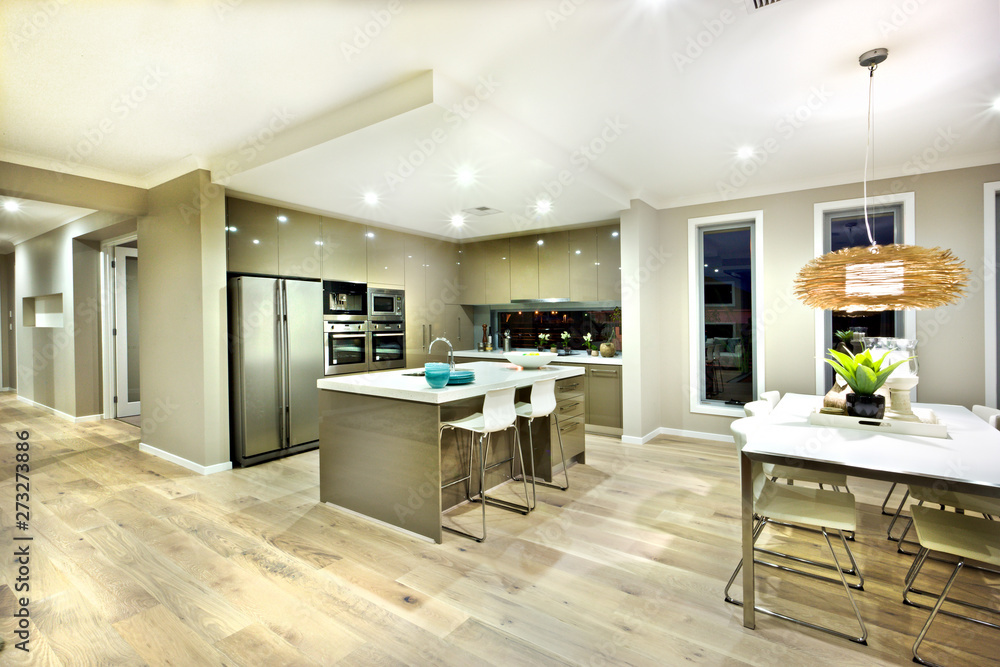 Modern kitchen and dinning area interior view of a house