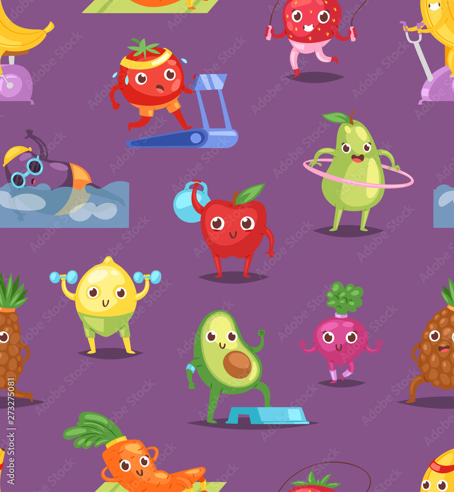 Fototapeta premium Fruits sportsman vector fruity expression of sporting cartoon character workout doing fitness exercises illustration set of vegetables with funny apple banana in sport isolated on white background