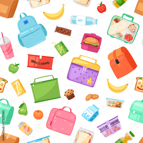 Lunch box vector school lunchbox with healthy food fruits or vegetables boxed in kids container in bag illustration set of packed meal in bagpack isolated on white background