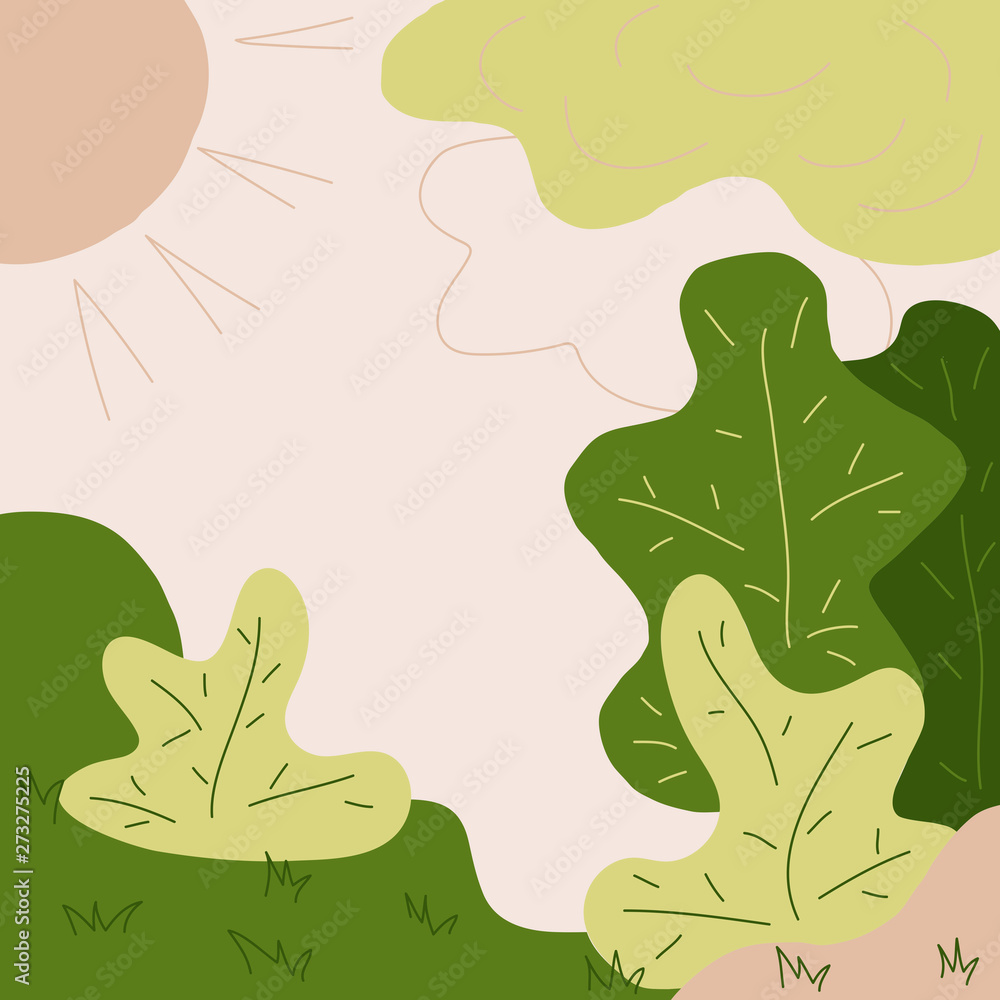 Lawn, edge of the forest. Children's drawing, hand-drawn. Pastel color. Place for your text, vector illustration. Lawn, edge of the forest. Children's drawing, hand-drawn. Pastel color. Place for your text, vector illustration.