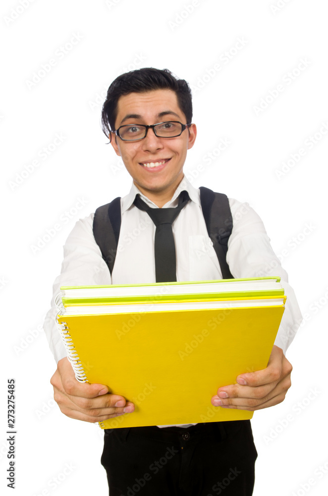 Male student holding notes isolated on white Male student holding notes isolated on white