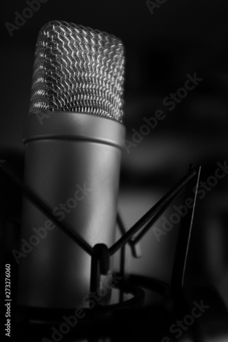 condensor microphone in studio black and white image