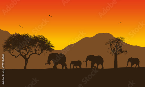 Realistic illustration of African landscape with safari, trees and family of elephants under orange sky with rising sun. Mountains with flying birds in background, vector