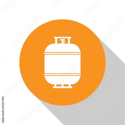 White Propane gas tank icon isolated on white background. Flammable gas tank icon. Orange circle button. Flat design. Vector Illustration