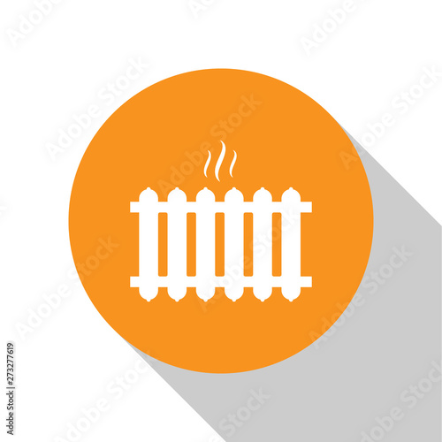 White Heating radiator icon isolated on white background. Orange circle button. Flat design. Vector Illustration