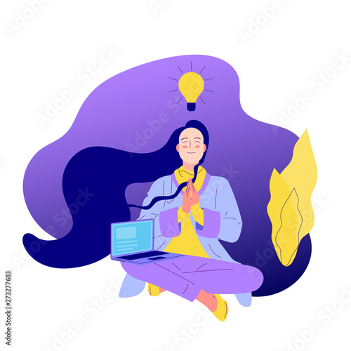 Flat style girl with long hair sitting crossed legged with prayer gesture
