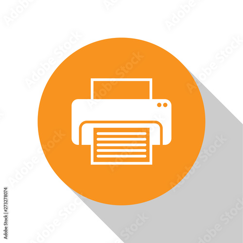 White Printer icon isolated on white background. Orange circle button. Flat design. Vector Illustration