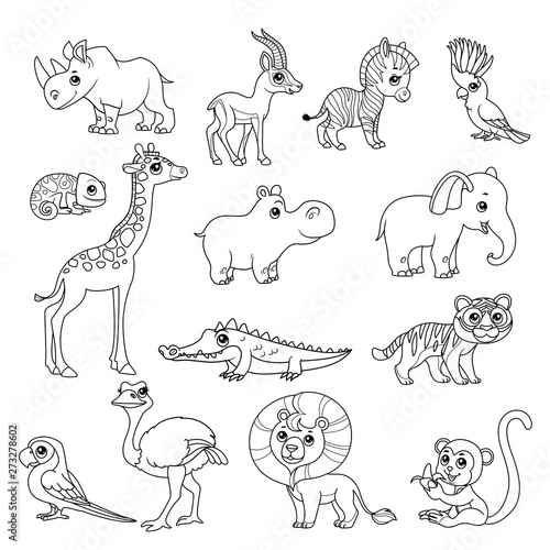 Cute cartoon various African animals set black doodles outline on a white background for coloring page
