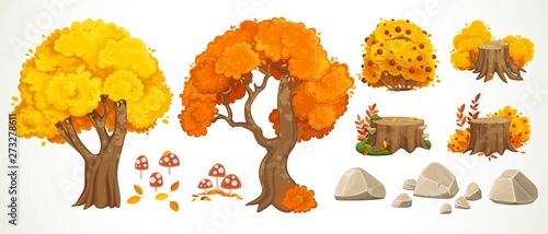 Big set of beautiful old moss-covered stumps, autumn leaves, rubbing a pack of mushrooms,trees and stones isolated on white background