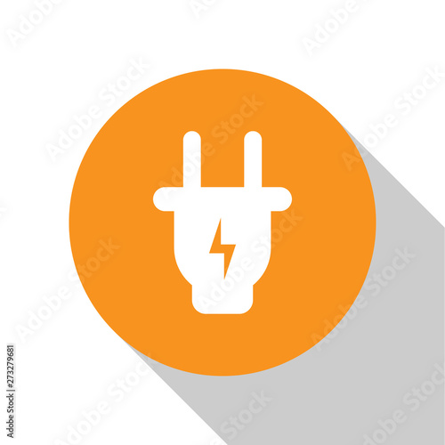 White Electric plug icon isolated on white background. Concept of connection and disconnection of the electricity. Orange circle button. Flat design. Vector Illustration