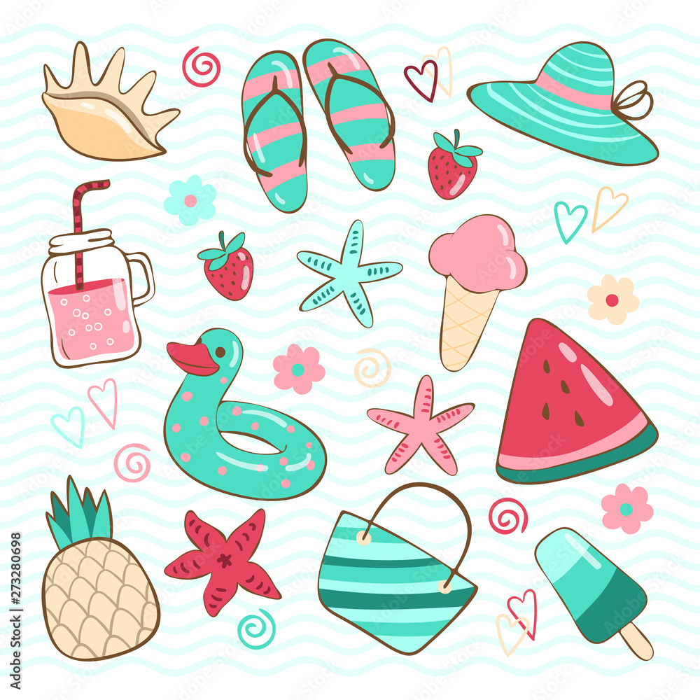 Summer set with hand drawn elements Summer set with hand drawn elements