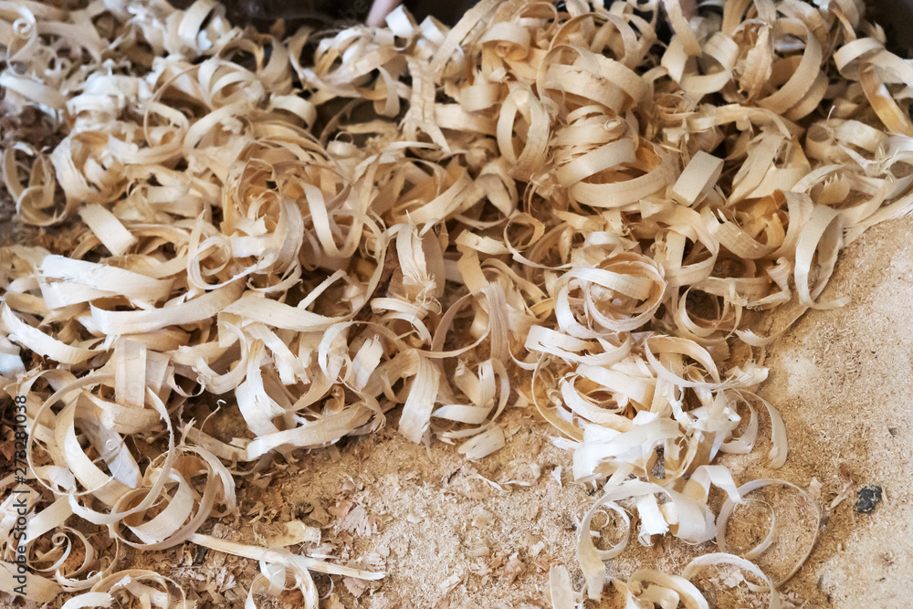 Woodworking wood shavings or wood curls on the floor of the workshop Woodworking wood shavings or wood curls on the floor of the workshop