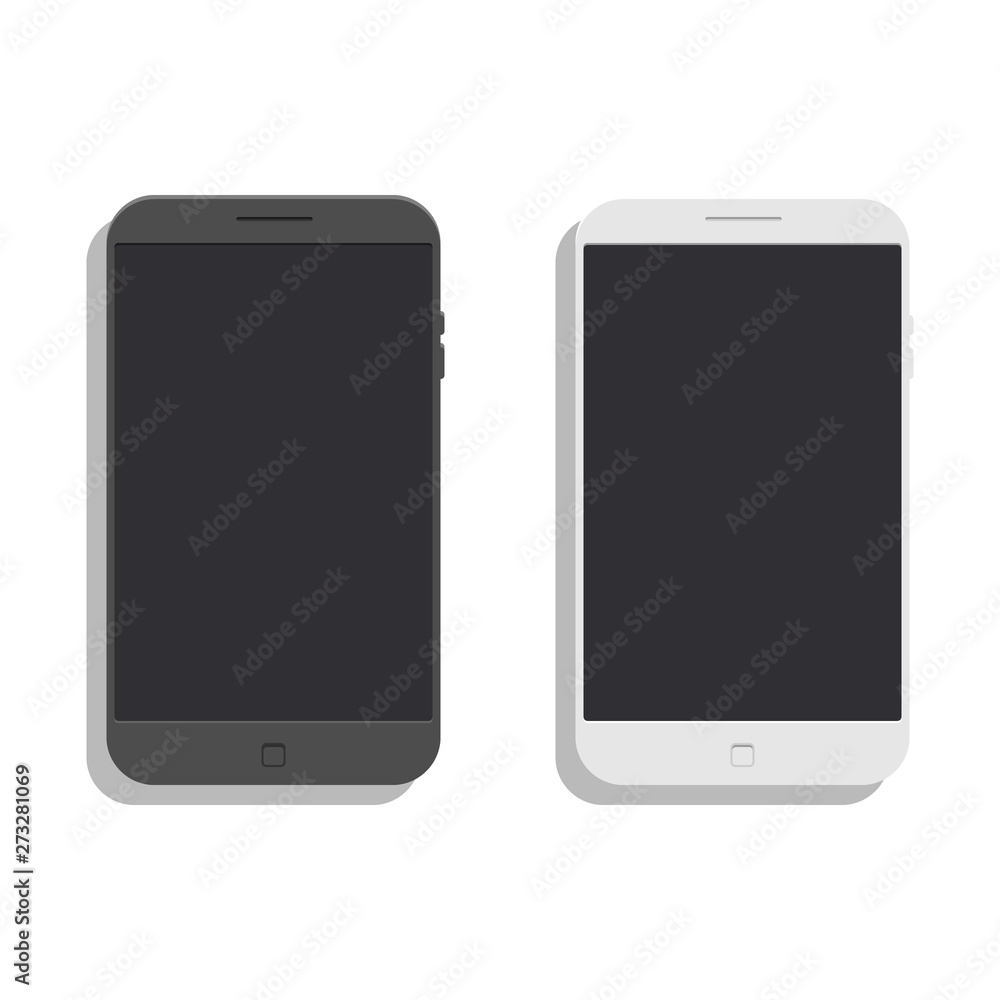 Two flat smartphones. Modern mobile gadget for wireless internet and communication. Black and white devices. Two flat smartphones. Modern mobile gadget for wireless internet and communication. Black and white devices.
