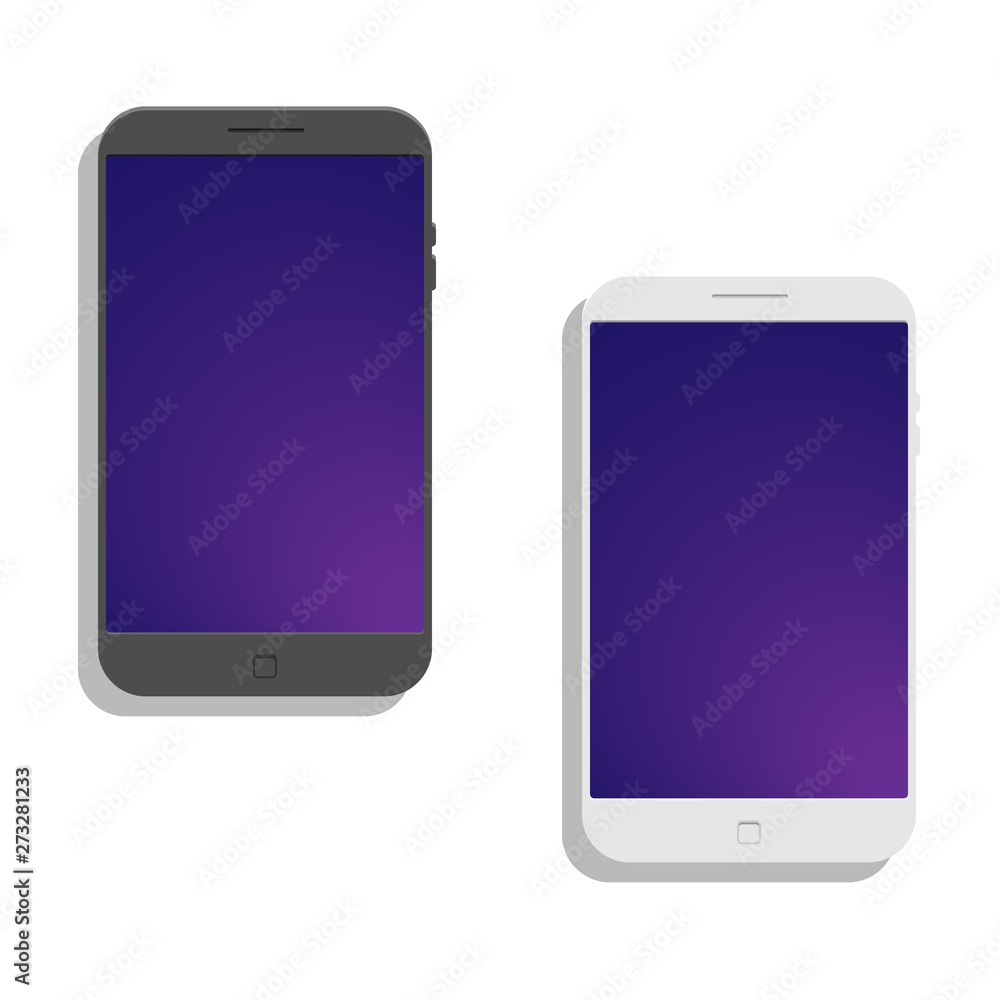 Two flat smartphones. Modern mobile gadget for wireless internet and communication. Black and white devices. Two flat smartphones. Modern mobile gadget for wireless internet and communication. Black and white devices.