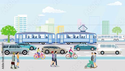 Städtische Straße mit Straßenbahn und Straßenverkehr
