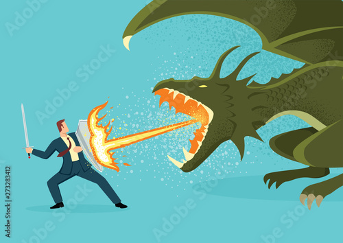 Businessman fighting a dragon