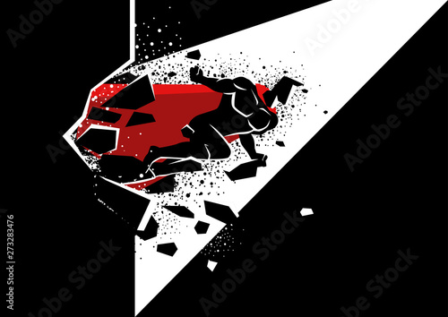Superhero break through concrete wall