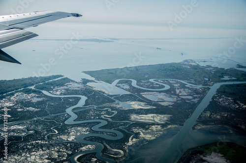 Beautiful view from the plane to the swampy places near Venice, Italy
