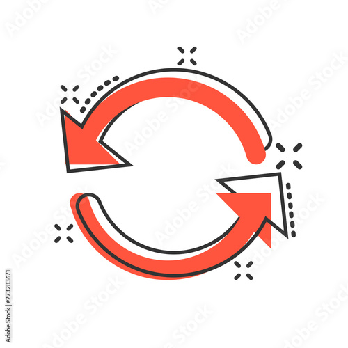 Free Download Arrow rotation icon in comic style. Sync action vector cartoon illustration on white isolated background. Refresh button business concept splash effect. - GFXLoad