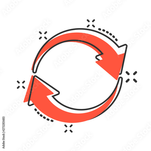 Arrow rotation icon in comic style. Sync action vector cartoon illustration on white isolated background. Refresh button business concept splash effect. photo