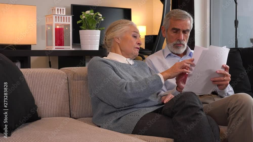 An elderly couple sits on a couch in an apartment and goes through papers An elderly couple sits on a couch in an apartment and goes through papers