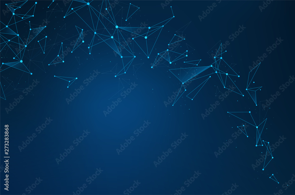 Network abstract connections with dots and lines on  blue background. Wireframe of network communications. Digital technology concept, AI. - obrazy, fototapety, plakaty 