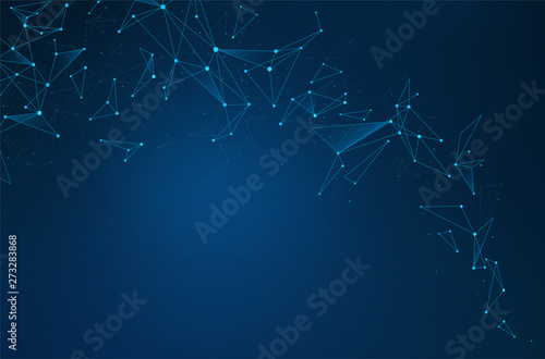 Network abstract connections with dots and lines on  blue background. Wireframe of network communications. Digital technology concept, AI.