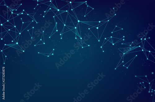 Network abstract connections with dots and lines on blue background. Wireframe of network communications. Digital technology concept, AI.