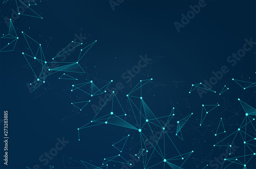 Network abstract connections with dots and lines on blue background. Wireframe of network communications. Digital technology concept, AI.