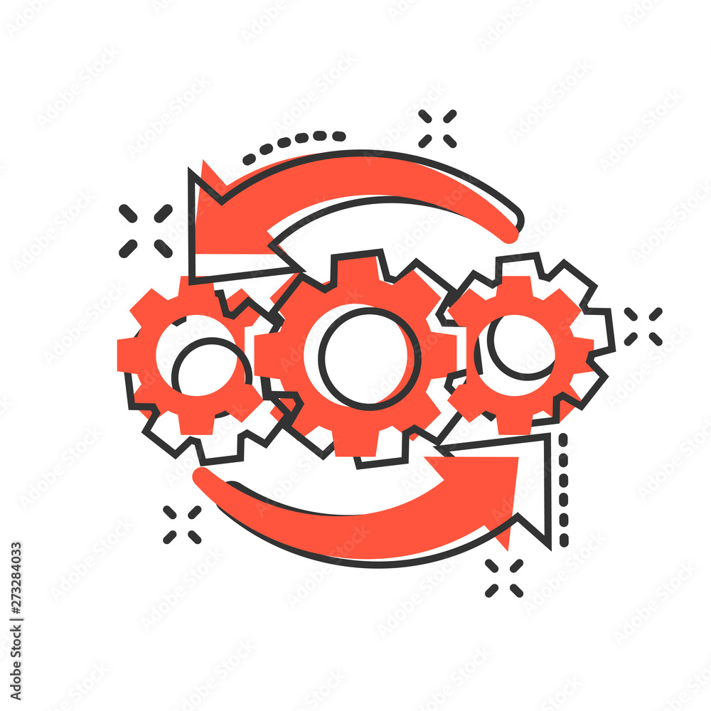 Operation project icon in comic style. Gear process vector cartoon illustration on white isolated background. Technology produce business concept splash effect. Operation project icon in comic style. Gear process vector cartoon illustration on white isolated background. Technology produce business concept splash effect.