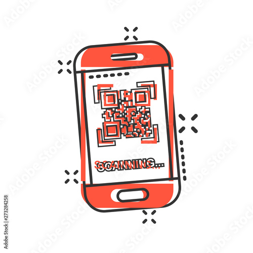 Qr code scan phone icon in comic style. Scanner in smartphone vector cartoon illustration on white isolated background. Barcode business concept splash effect.