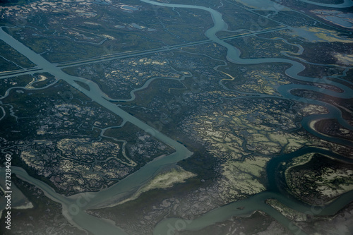 Beautiful view from the plane to the swampy places near Venice, Italy