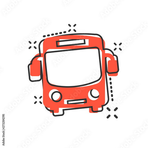 School bus icon in comic style. Autobus vector cartoon illustration on white isolated background. Coach transport business concept splash effect.