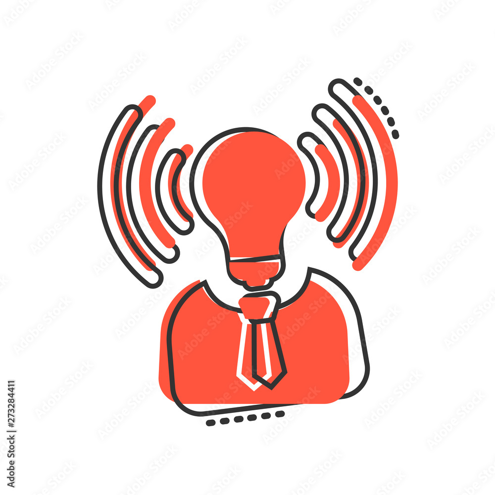 Mind awareness icon in comic style. Idea human vector cartoon illustration on white isolated background. Customer brain business concept splash effect.