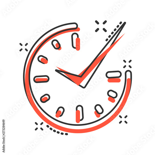 Real time icon in comic style. Clock vector cartoon illustration on white isolated background. Watch business concept splash effect.