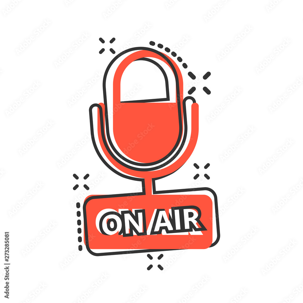 Microphone icon in comic style. Live broadcast vector cartoon illustration on white isolated background. On air business concept splash effect. Microphone icon in comic style. Live broadcast vector cartoon illustration on white isolated background. On air business concept splash effect.