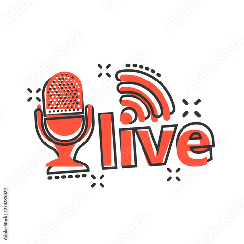 Microphone icon in comic style. Live broadcast vector cartoon illustration on white isolated background. Sound record business concept splash effect.