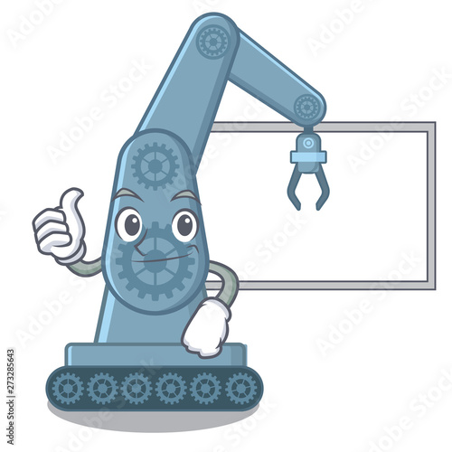 Thumbs up with board mechatronic robotic arm isolated on character
