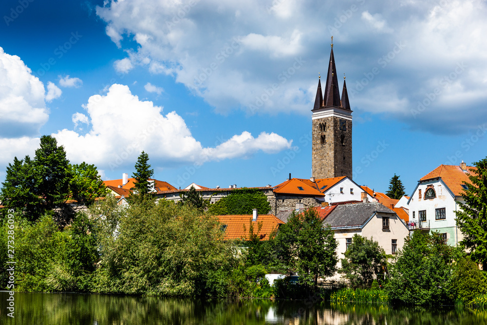 Tower of Church of the Holy Spirit. Telc city. UNESCO World Heritage Site. South Moravia, Czech Republic. Tower of Church of the Holy Spirit. Telc city. UNESCO World Heritage Site. South Moravia, Czech Republic.