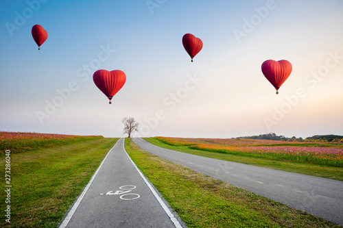 Red hot air balloons in the shape of a heart over cosmos flower field on sunset