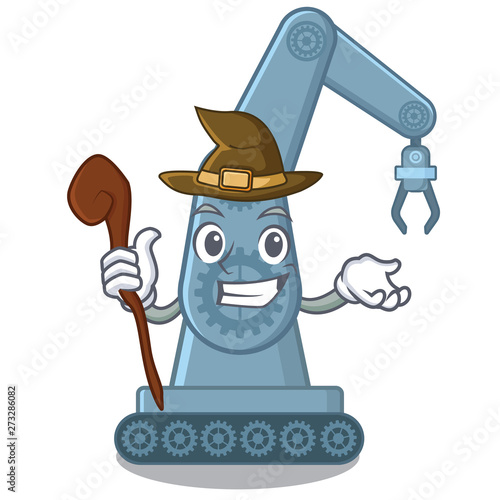 Witch mechatronic robot arm above cartoon table