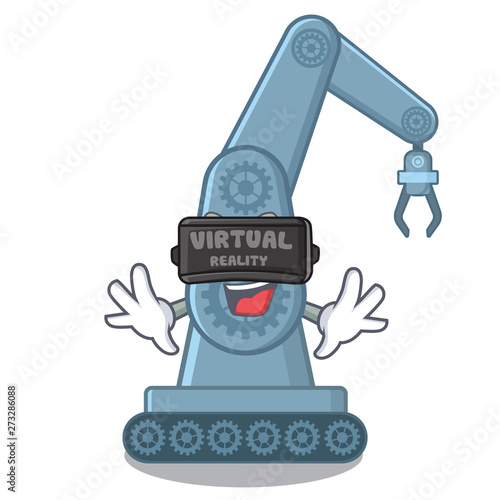 Virtual reality mechatronic robot arm above cartoon table