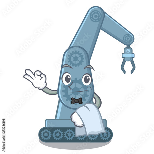 Waiter mechatronic robot arm above cartoon table