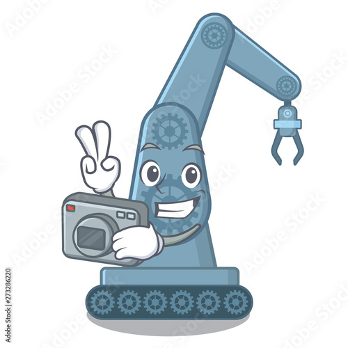 Photographer mechatronic robot arm above cartoon table