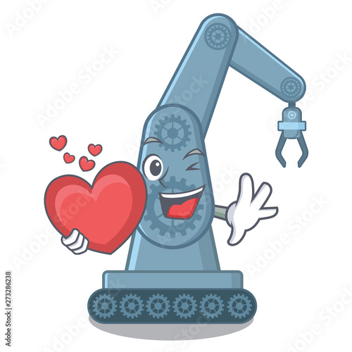 With heart mechatronic robot arm above cartoon table