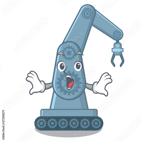 Surprised mechatronic robot arm above cartoon table