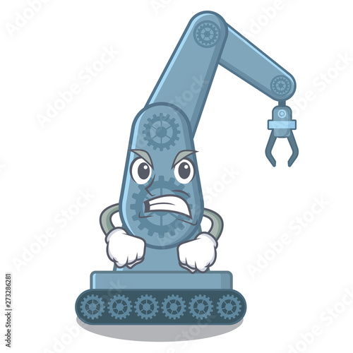 Angry mechatronic robot arm above cartoon table