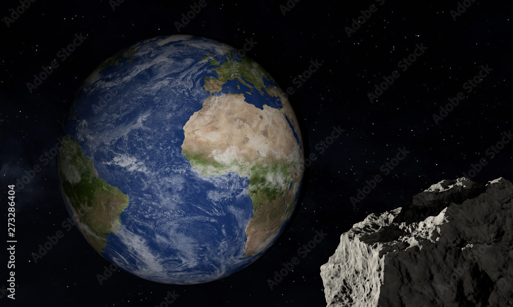 Fototapeta premium Earth and asteroid. Space theme. 3D illustration.
