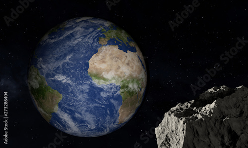 Earth and asteroid. Space theme. 3D illustration.