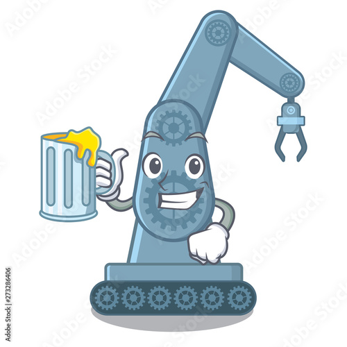 With juice mechatronic robot arm above cartoon table